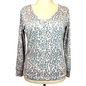 Ribbed Knit Henley Sweater Large Pink Gray V‑Neck Pullover Soft Warm Cozy